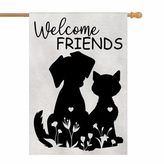 Bandera AOYEGO Welcome Friends House, 28 x 40 cm, con corte de arpillera y perro