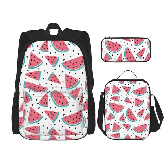 Easygdp Watermelon Mochila para Niños y Niñas con Set de Caja de Almuerzo y Estuche para Lápices 3 en 1, Mochila Escolar Estampada para Adolescentes