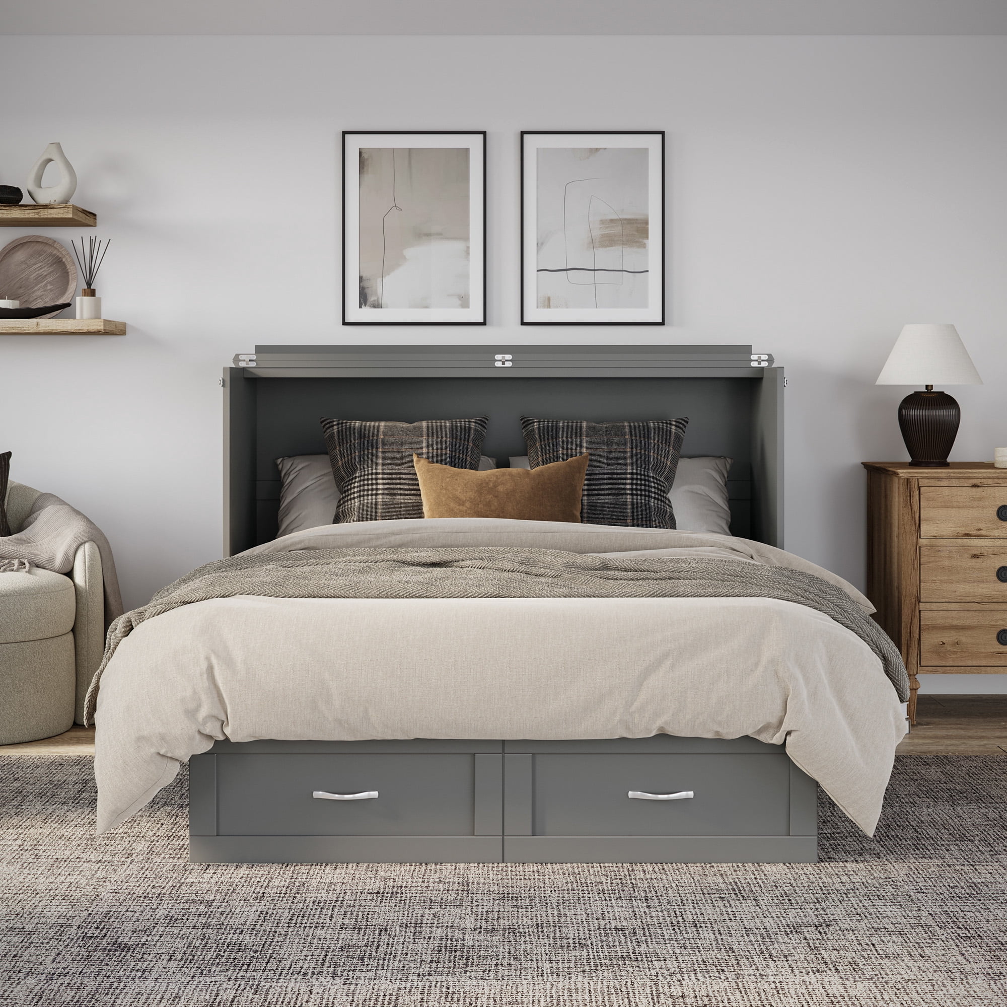 AFI Chelsea Queen Murphy Bed Chest with Mattress, Storage & Built-in Charging, Grey