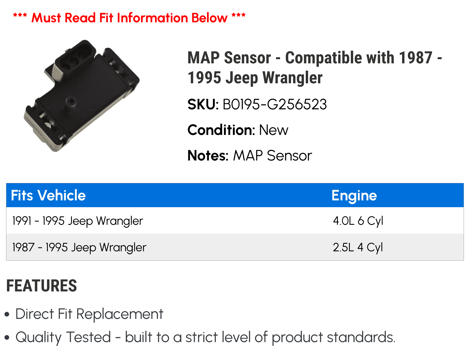 MAP Sensor - Compatible with 1987 - 1995 Jeep Wrangler 1988 1989 1990 1991  1992 1993 1994 