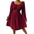 thumbnail image 1 of SAYOO Vestido de primavera para mujer, vestido de cintura alta fruncido con cuello cuadrado liso de manga larga, trajes hasta la rodilla con lazo en la cintura para mujer SAYOO  moda, 1 of 5