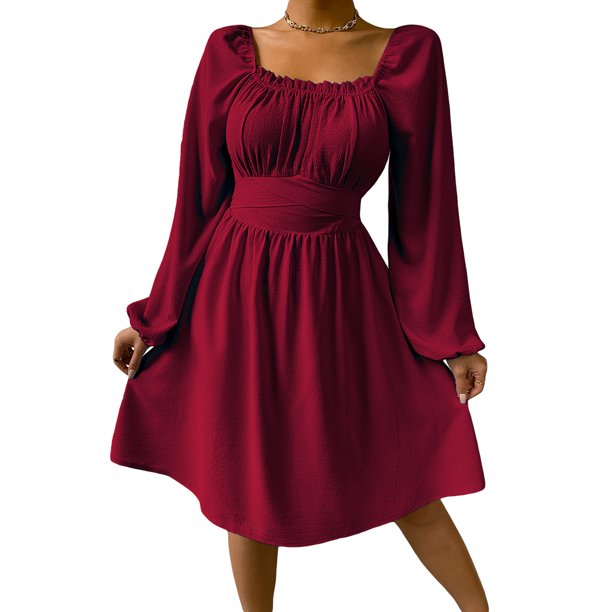 SAYOO Vestido de primavera para mujer, vestido de cintura alta fruncido con cuello cuadrado liso de manga larga, trajes hasta la rodilla con lazo en la cintura para mujer SAYOO moda