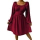 thumbnail image 1 of SAYOO Vestido de primavera para mujer, vestido de cintura alta fruncido con cuello cuadrado liso de manga larga, trajes hasta la rodilla con lazo en la cintura para mujer SAYOO  moda, 1 of 5