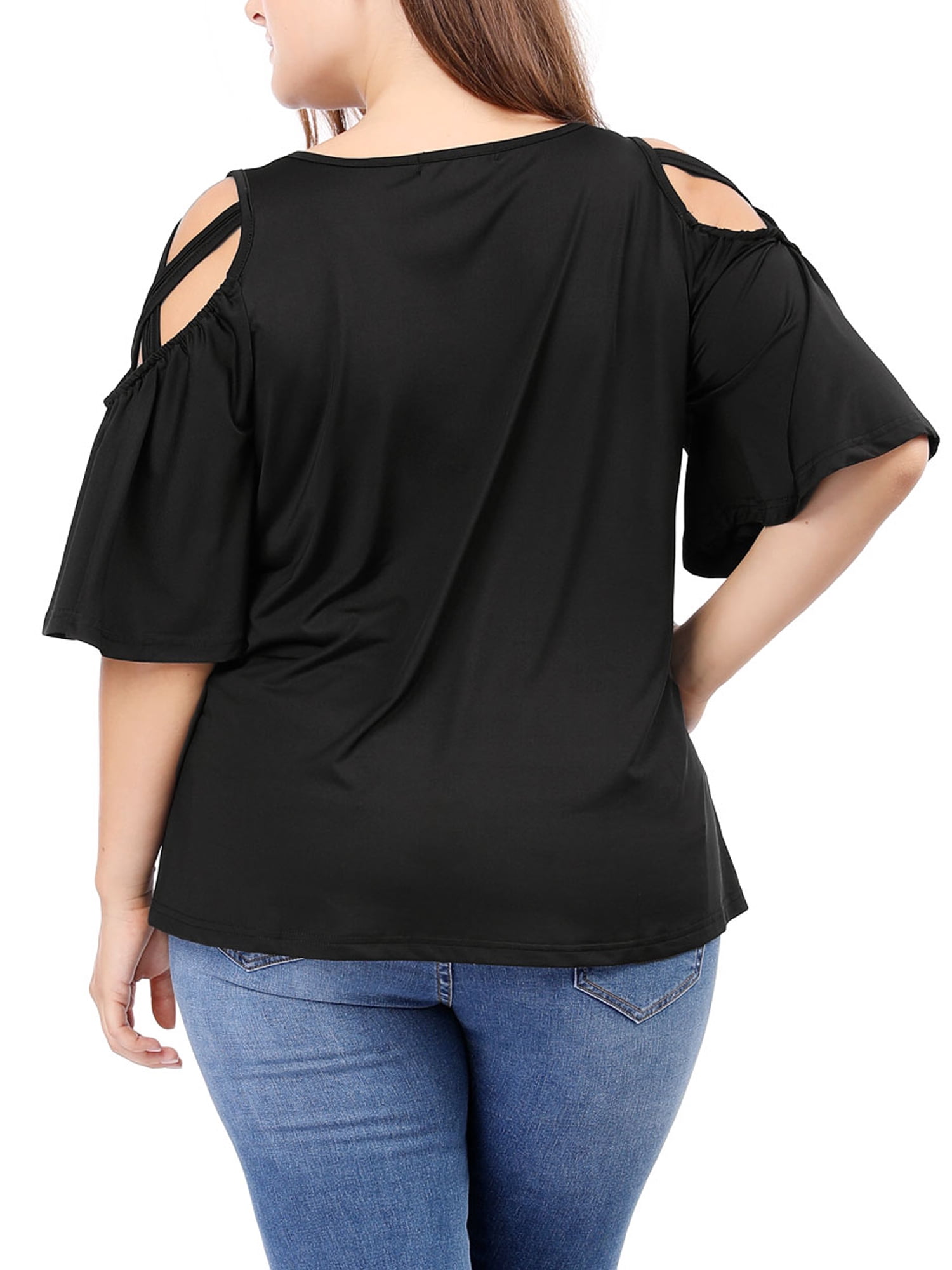 Unique Bargains Women's Plus Solid Strappy Cold Shoulder Trumpet Sleeve T-shirt