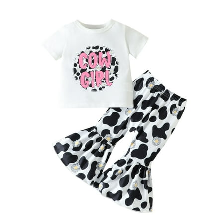 

Toddler Girls Short Sleeve Cartoon Dairy Cow Printed T Shirt Pullover Tops Bell Bottoms Pants Kids Outfits Sweatpants for Teen