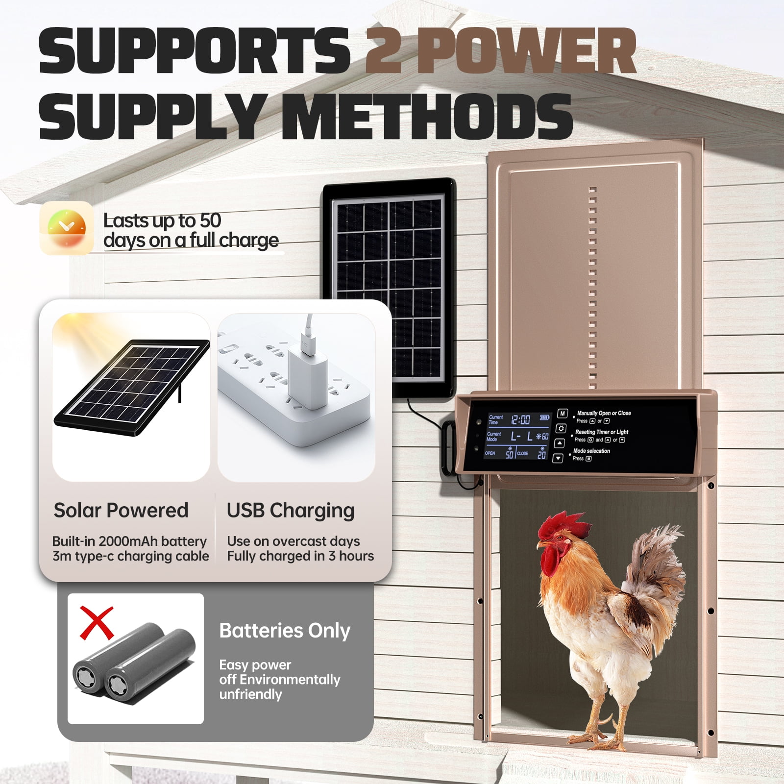Automatic Chicken Coop Door Solar Powered Auto Chicken Door with Timer & Light Sensor, Anti-Pinch & Alert, LCD Screen, Remote Control Aluminum Waterproof,Gold