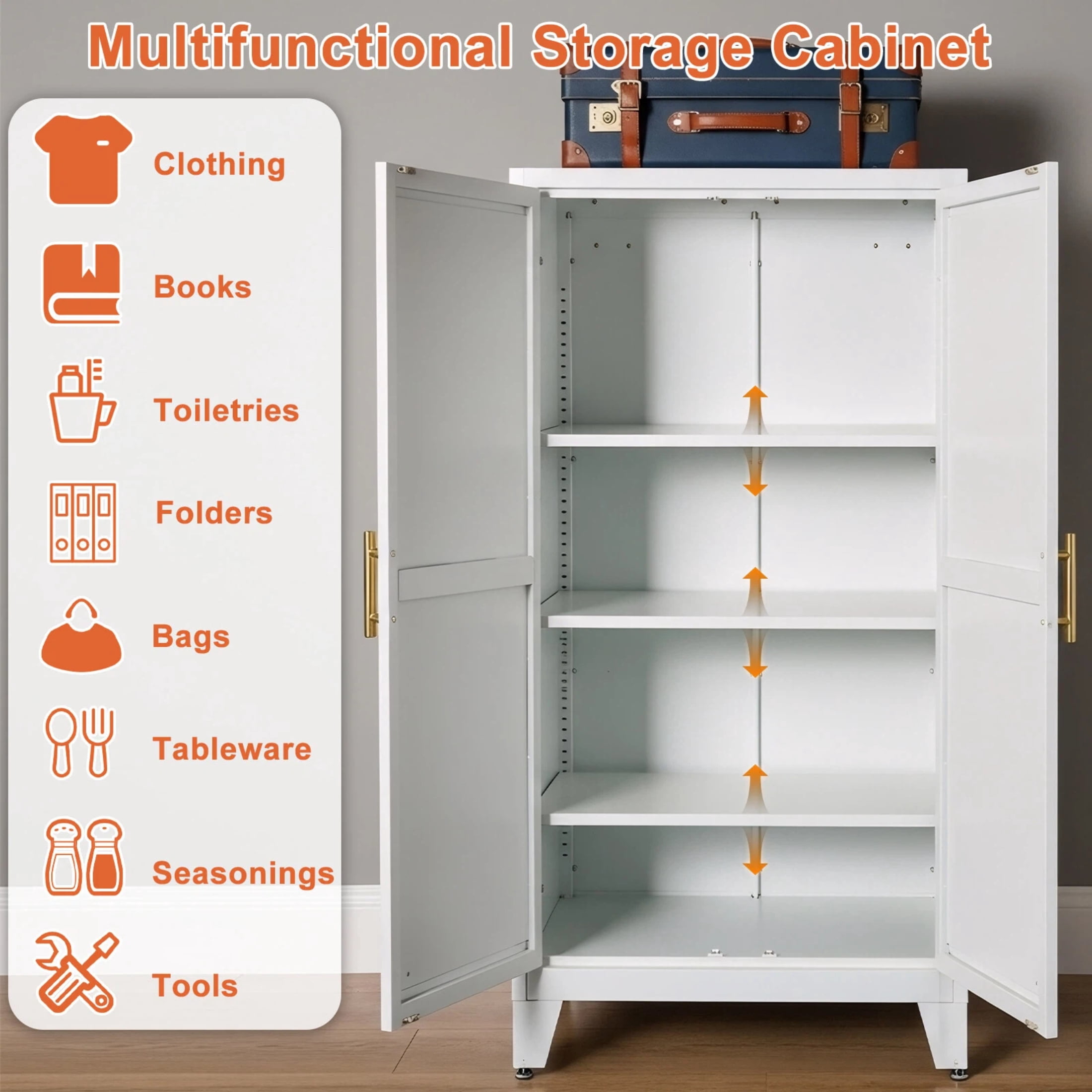 AISWORD 61" Tall Metal Storage Cabinet with Adjustable Shelves, 2 Doors Steel Cabinet for Office, Garage, Utility Room, Kitchen Storage, White