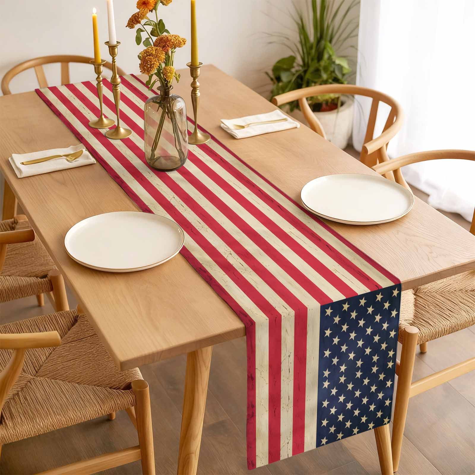 Vintage American Flag Table Runner-70 Inch Long Red White Striped Table Runners Linen Burlap Tablerunner for Kitchen Dining Room Holiday Party