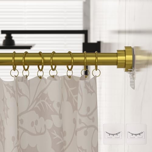 Gold Shower Curtain Rod,27-83 Inches(2.4-6.9ft),Adjustable Spring Tension Rod No Drilling,with 2 Free Anti-Slip Holder,for Bathroom Window Living Room,Gold