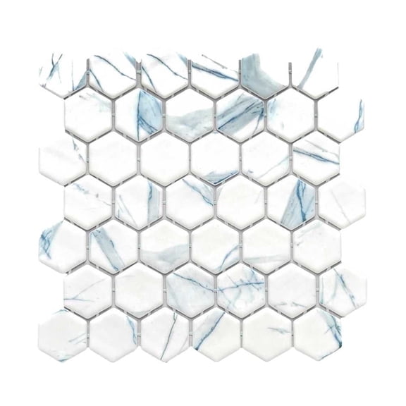 The Tile Life Eterna Hex 2" x 2" Calacatta Blue Glass Mosaic Floor and Wall Tile 1 Sheet