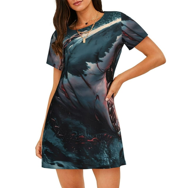 Saiise Wave Chain Shark Pattern Womens Short Sleeve Sleepshirt Scoopneck Cute Nightdress Ruffle Comfy Nightgown