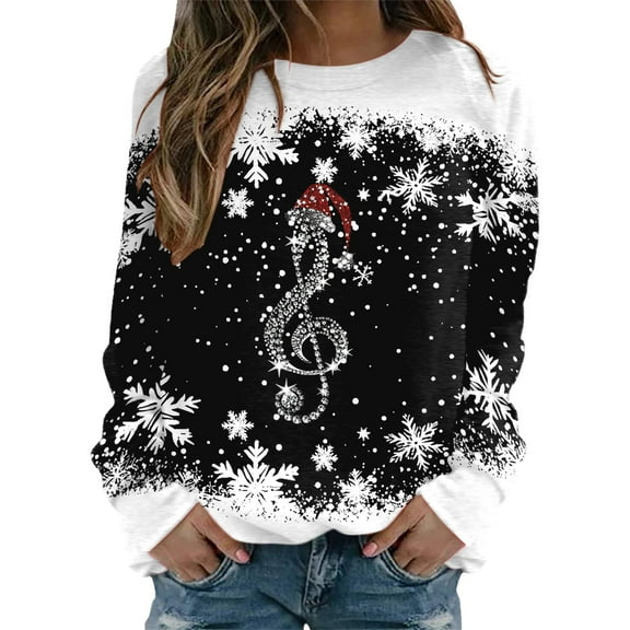 DHFJKG Women's Santa Pullover Musical Note Printed Long Sleeve Crew Neck Casual Sweatshirt Funny Tops
