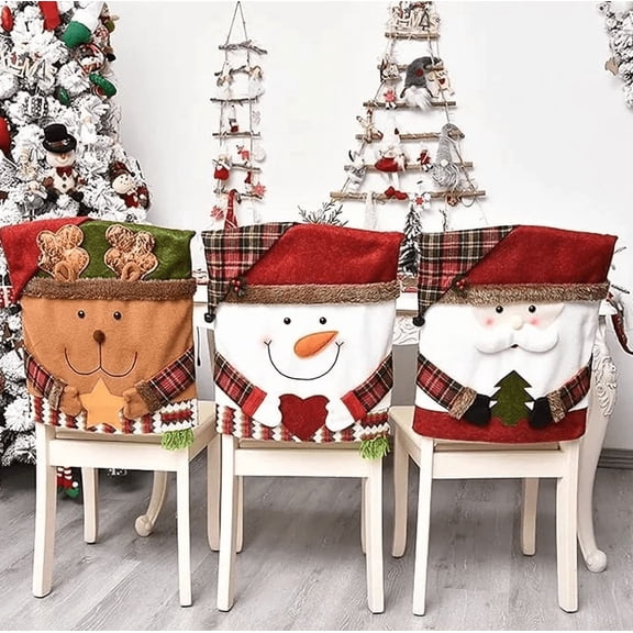 Christmas Chair Cover – Stretch Dining Chair Back Slipcover, Cute Santa & Snowman Design, Holiday Chair Decoration for Xmas Party, Home Kitchen & Family Gatherings C