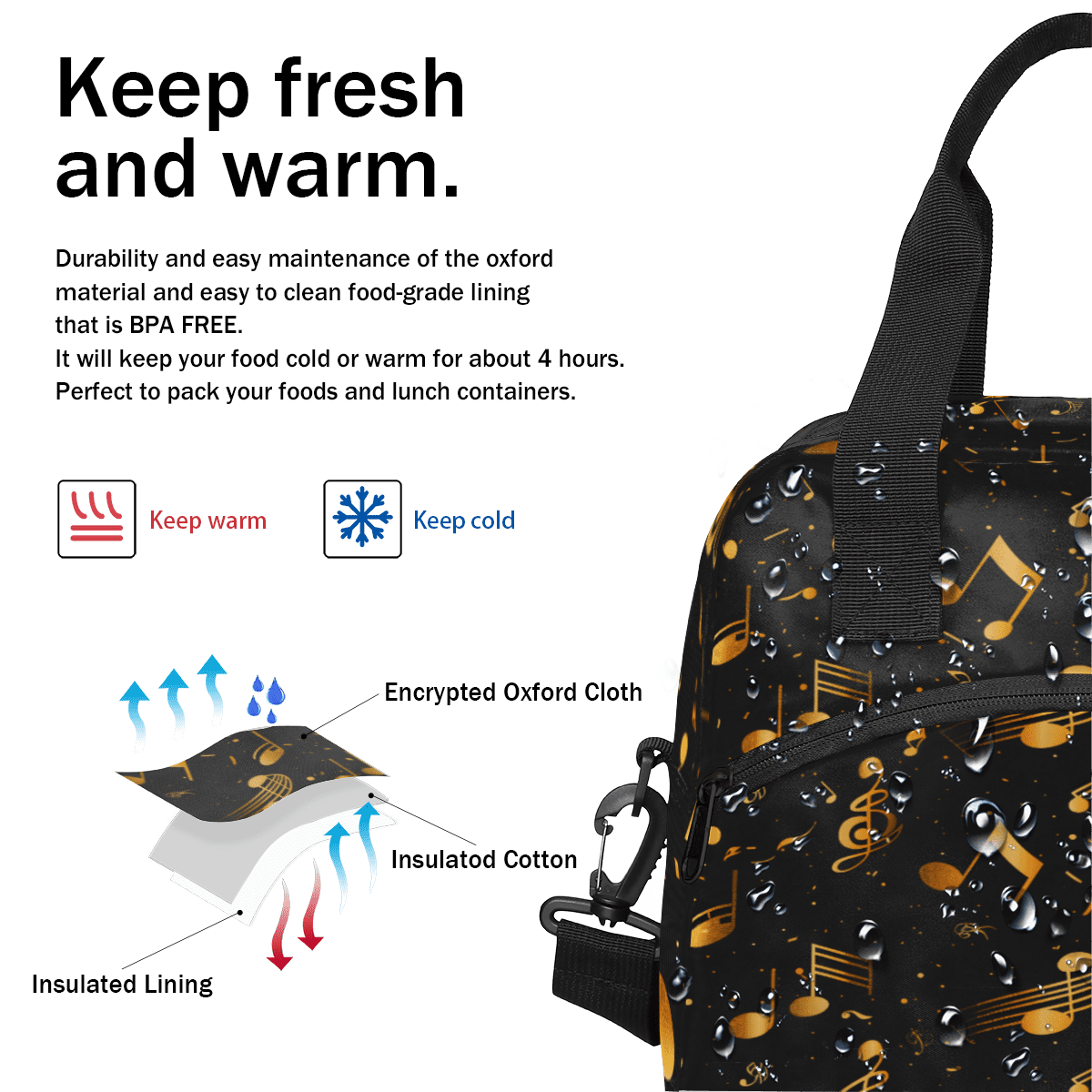 Herdesigns Music Insulated Lunch Bag for Women Men Adults Large Reusable Lunch Box Gold and Black Musical Notes Leakproof Cooler Tote Bags with Adjustable Shoulder Strap