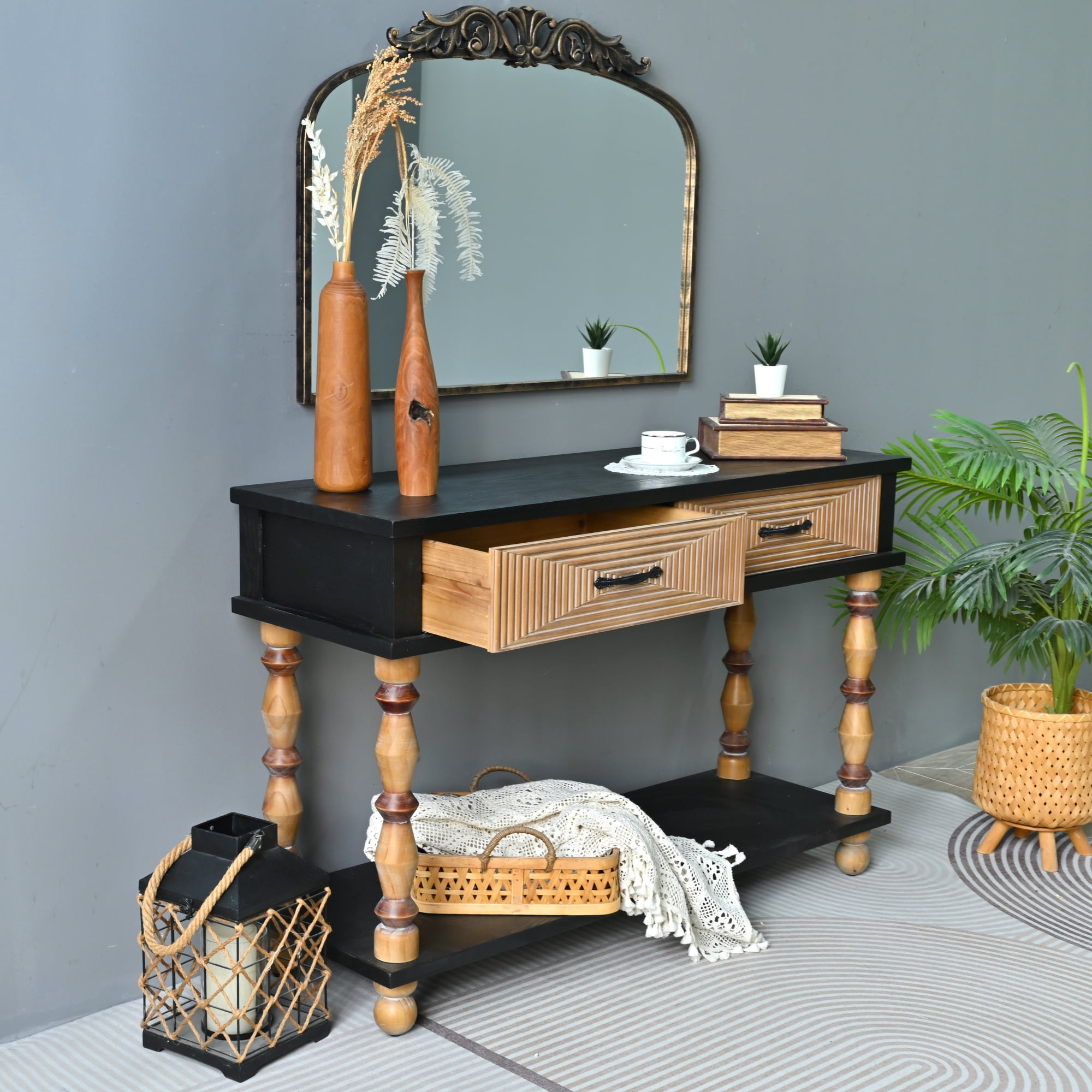 Leumius 47.64" Accent Rustic Carved Table, Rectangle Solid Wooden Console Table with Open Shelf and 2 Drawers for Kitchen, Dining Room, Living Room