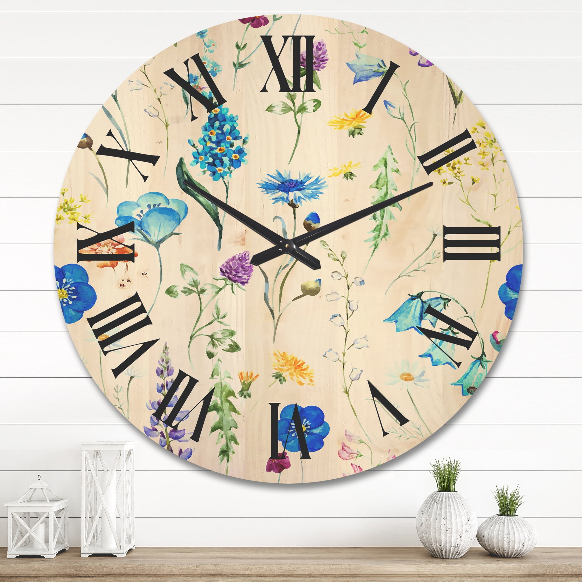 Designart 'Blue Wildflowers With Leaves I' Traditional Wood Wall Clock
