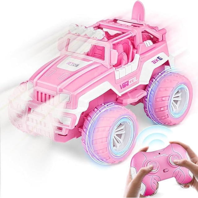 Coche de control remoto rosa para niñas, Jeep RC a escala 1:16 con luz LED y baterías recargables, 80 minutos de tiempo de juego, camión de juguete rosa de 2,4 GHZ, juguetes de coche