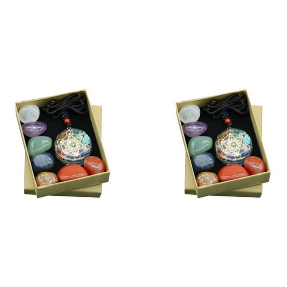 2X Seven Chakra Set Natural Aura Mixed Crystal Home Decoration Healing Polished Gemstone Collection Amulet Necklace,14 Pcs x Irregular Shape Energy Stones 2 Pc x Pendant,As shown
