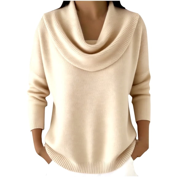 Aoiroe Women's Long Sleeve Cowl Neck Sweater,Basic Fitted T-Shirts Set, Womens Long Sleeve Stretch T-Shirt Slim Fit Casual Basic Tops, Base Layer Soft Thermal Undershirts Tee, Beige L