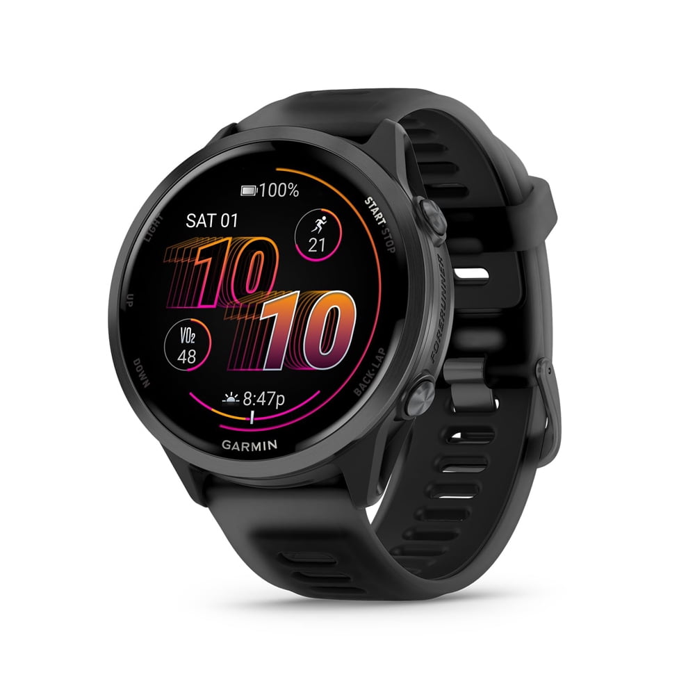 Garmin 010-02971-00 Forerunner 570 - 47mm GPS Smartwatch, Aluminum and Black Band Bundle with Deco Essentials Charging Dock, 3x Silicone Dust Cover and USB Type C Charging and Sync Cable