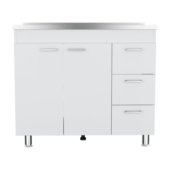 Izzovium Utility Sink Kisco Kitchen Cabinet with Two-Door & Three Drawers, 20.67"L x 39.37"W x 35.43"H, White Particle Board, Easy Assembly, Faucet Hole Included