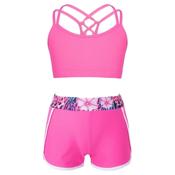TiaoBug Flower Girls Swimsuit Solid Color Cami Crop Top with Shorts Kids 3Pcs Swimsuit Rash Guard Set Water Park Sports Swimwear Rose 14
