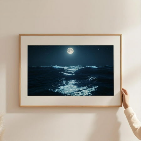 Moonlight Poster - Night At Sea - Light Waves - Open Sea - Night Sky - Beautiful Season - Moonlight Wall Art Modern Wall Decor 12x18 UNFRAMED