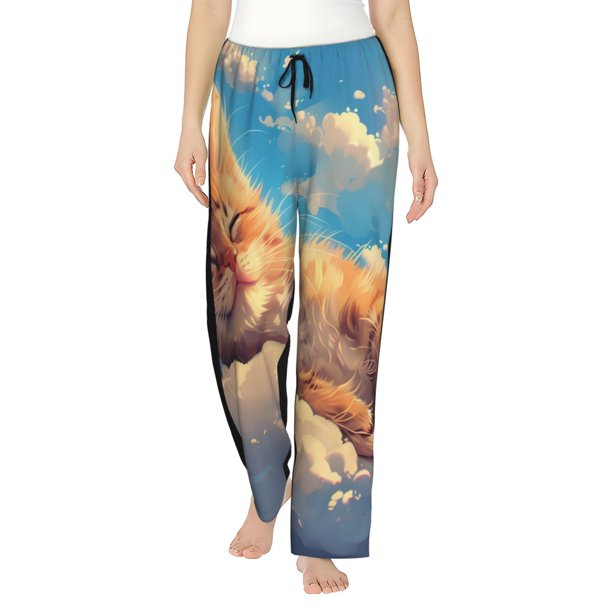 Fotbe Cloud Sleeping Cat Pantalones de Pijama para Mujer, Pantalones de Dormir, Pantalones Pj con Cordón y Bolsillos-Large