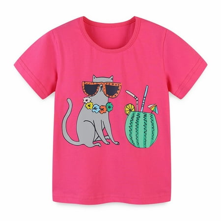 

Tops For Girls Childrens Summer T Shirt Cat Print Short Sleeve Crewneck Top Casual Out For 2 To 7 Years For 4-5 Years