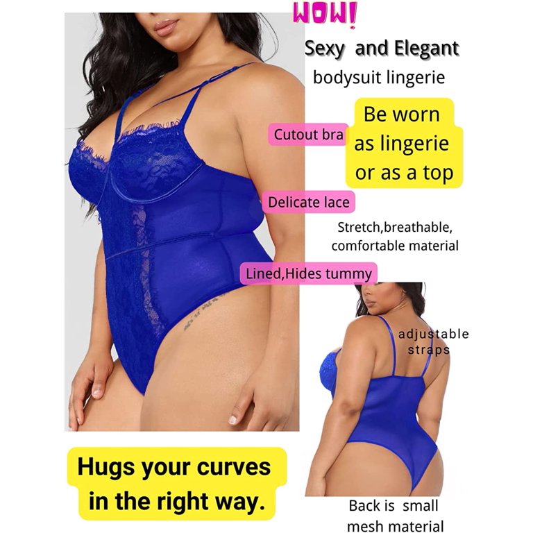 Kaei&Shi Plus Size Lingerie for Women,Sheer Lace Sexy V Neck Bodysuit