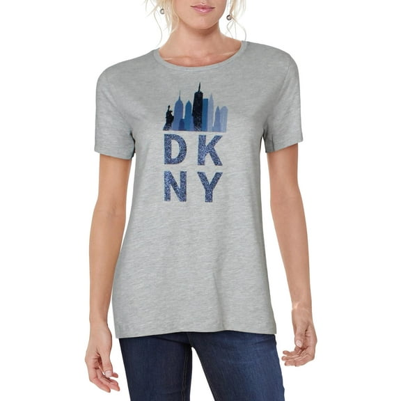 DKNY Womens Skyline Cotton Blend Graphic Logo T-Shirt Gray S