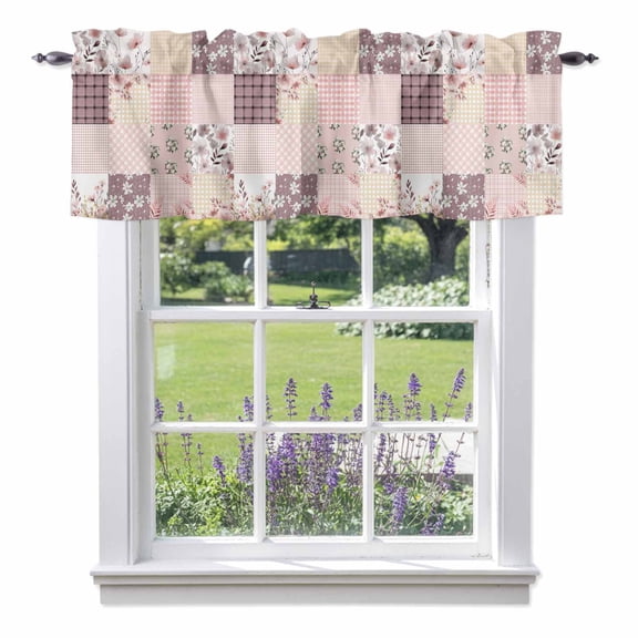 Bohemian Flower Patchwork Valances for Windows Spring Vintage Pink Boho Floral Leaf Plaid Rod Pocket Cafe Window Treatments Valance Curtains for Kitchen Bathroom Laundry Basement Windows 60"x18"