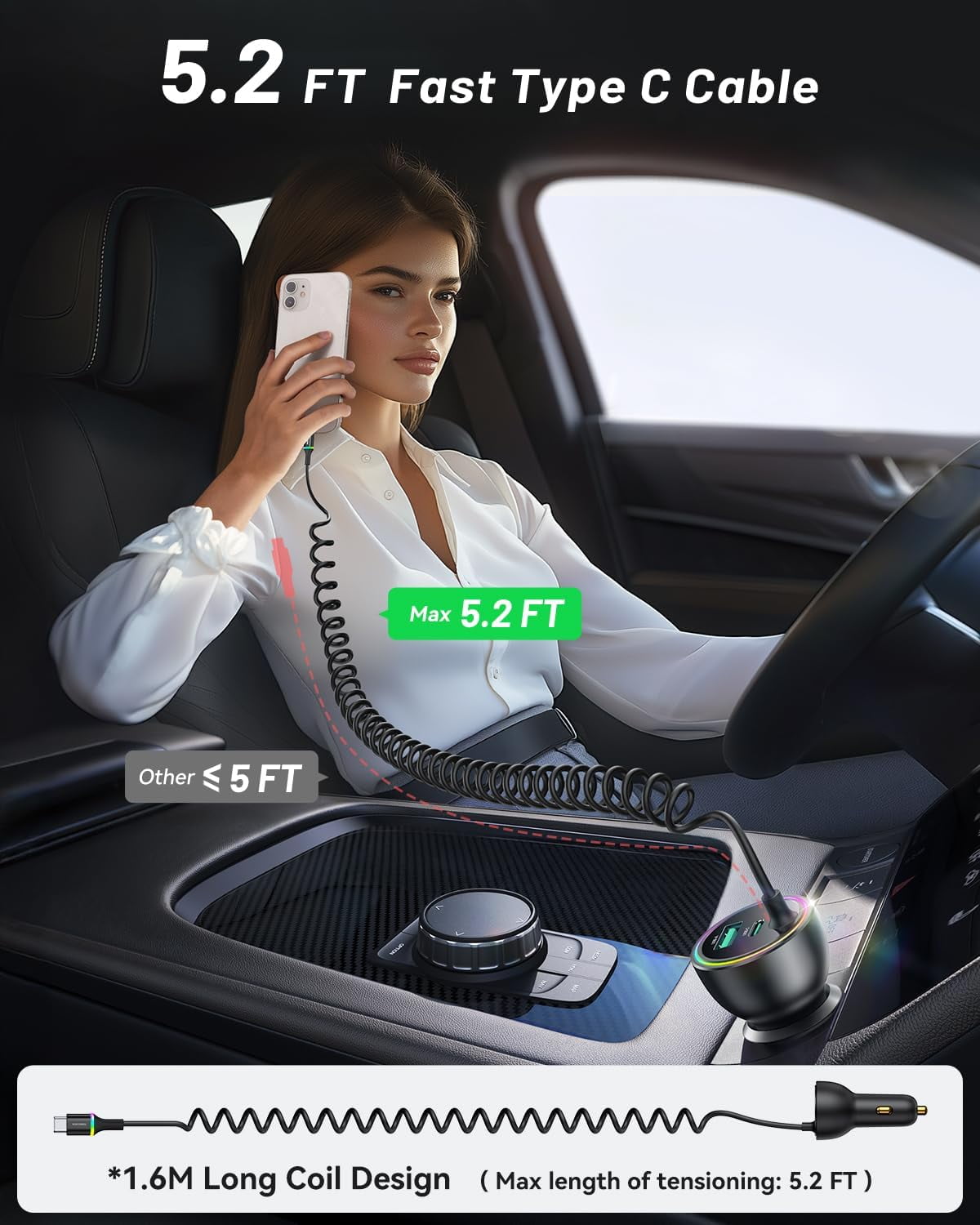 RGHJAR-70W Car Charger for iPhone 17 Pro Max, USB C Car Charger Fast Charging with 5.2Ft Type C Coiled Cable, Super Fast USBC Phone Cigarette Lighter Adapter for iPhone 17/16/15, iPad,Samsung,Android