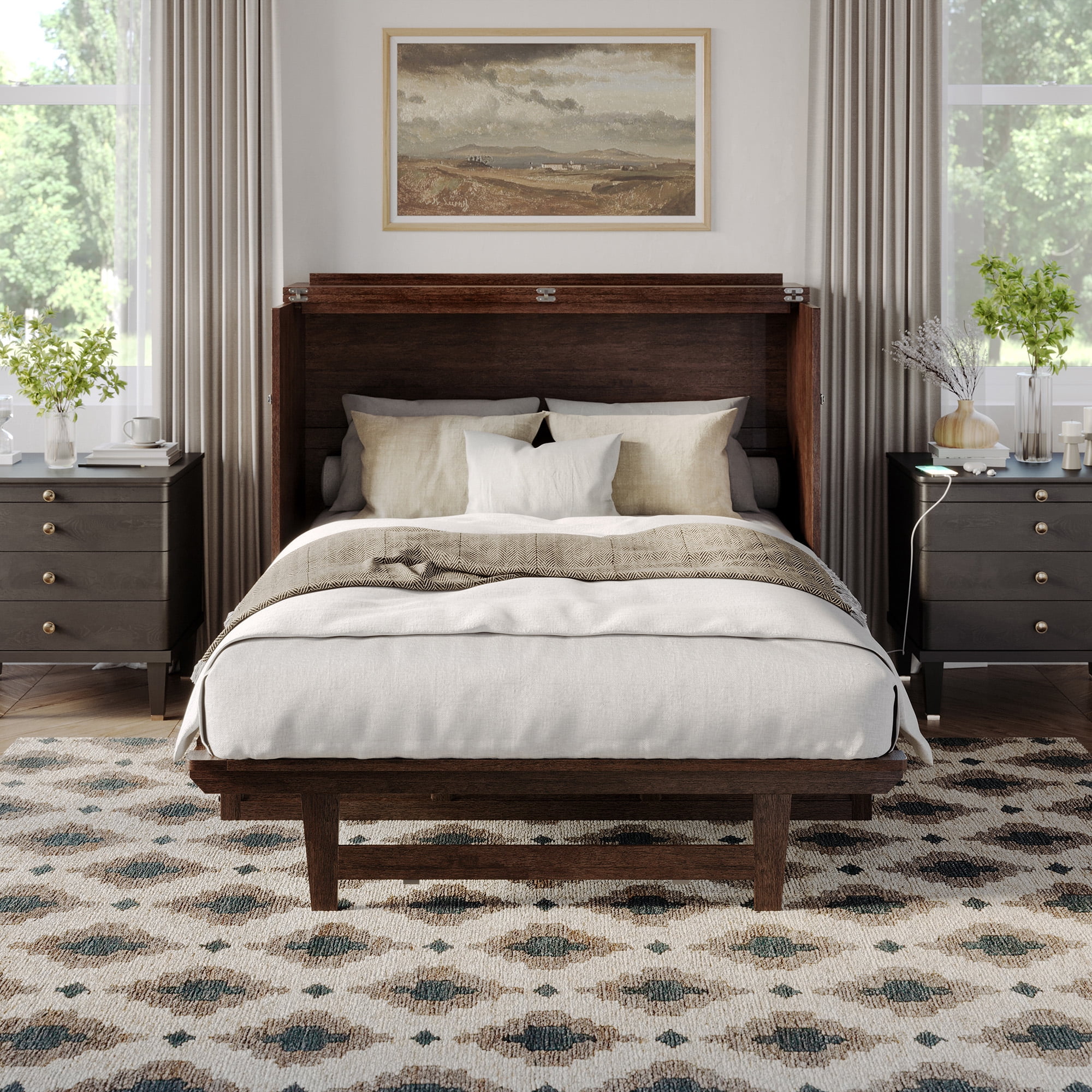 AFI Northfield Full Wood Murphy Bed Chest with 6" Mattress, Drawer & Charger, Burnt Amber