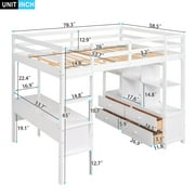 Euroco Full Loft Bed Wood Frame Desk with Drawers and Shelf for Kids Teens, White