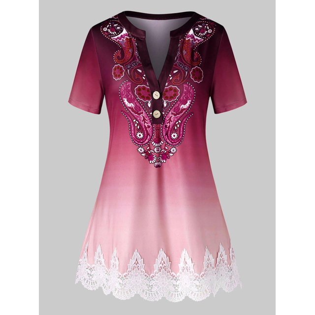 Tamaño más Ombre Paisley Imprimir Guipure de encaje de manga corta T Rosegal Camisetas tallas grandes