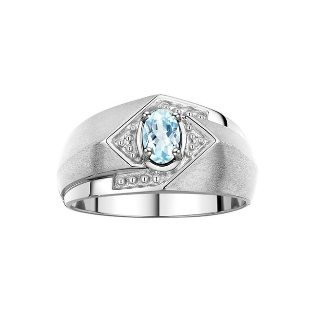 RYLOS Mens Rings 14K White Gold Ring 6X4MM Oval Shape Gemstone & Diamond Ring Aquamarine March Birthstone Rings For Man Gold Rings Size 10