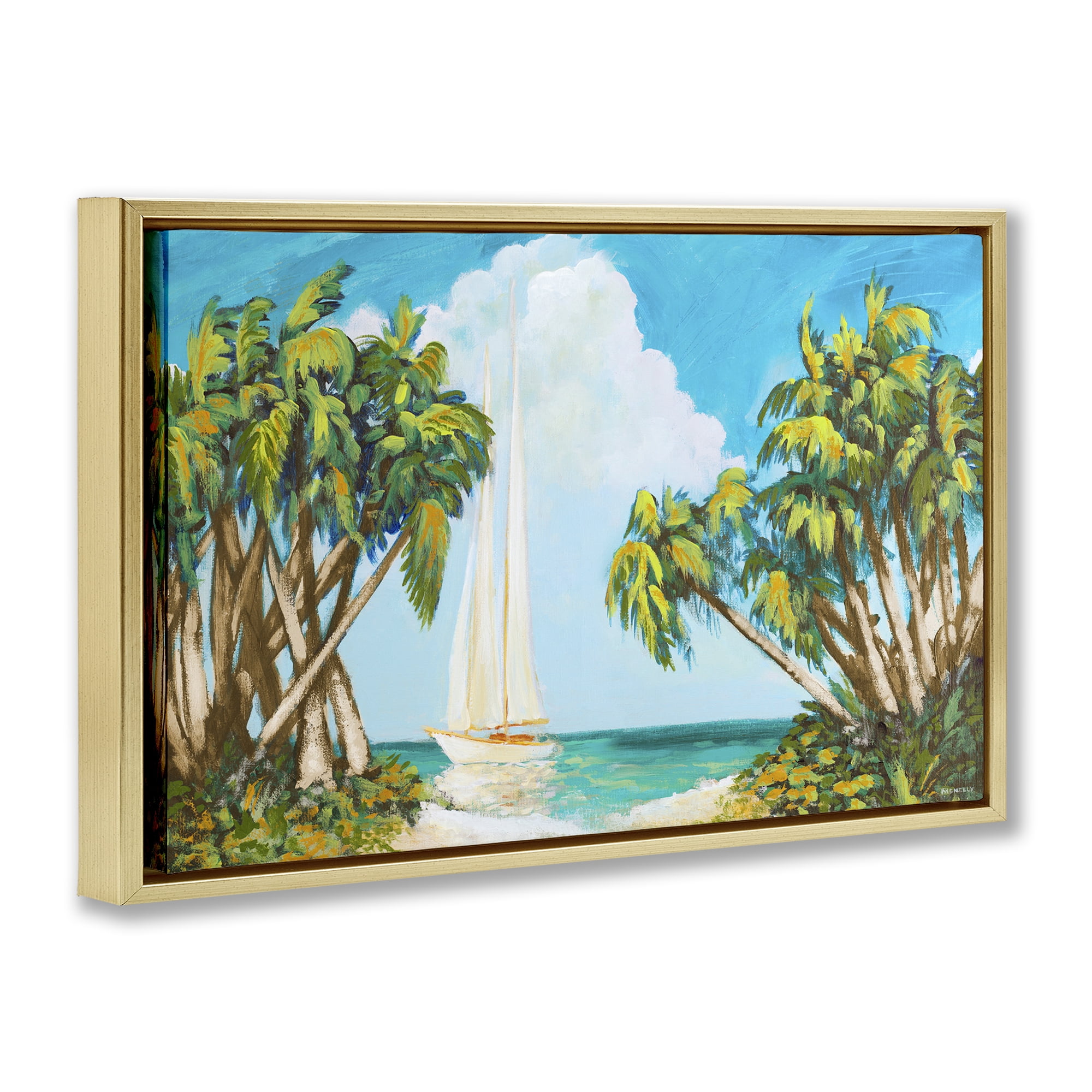 Stupell Industries Sailboat Among Palms Gold Framed Floater Canvas Wall Art, design by Dan Meneely
