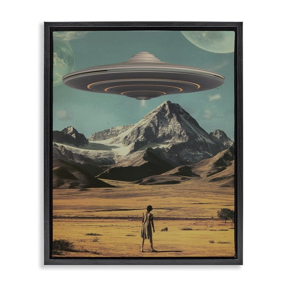Stupell Industries Woman with Overhead UFO Fantasy & Sci-Fi Painting Black Floater Framed Canvas Art Print Wall Art, 17 x 21