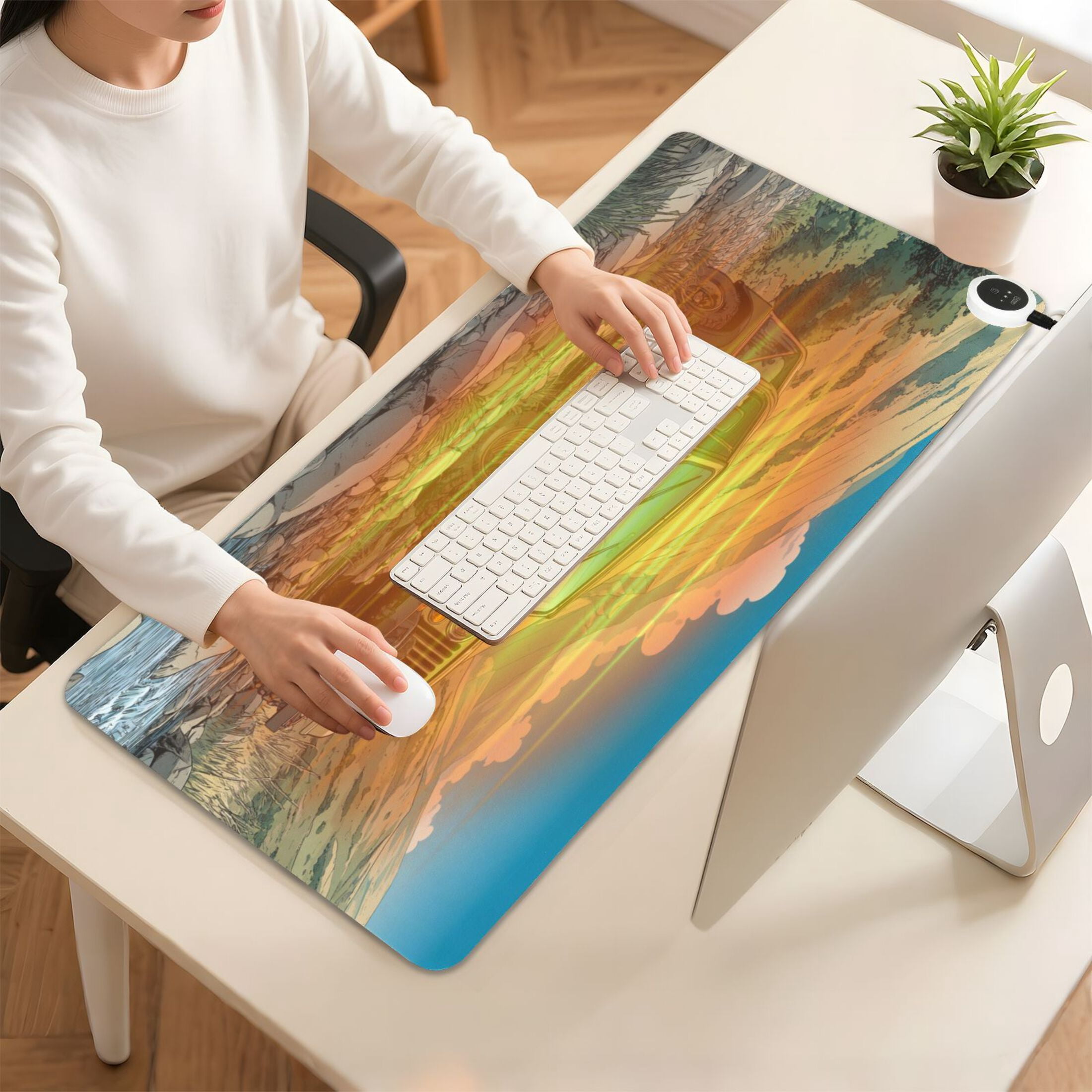 Large Heated Desk Mat Mouse Pad 31.5"x13"PU Leather Graphene Heating Desk Warmer with 3 Temperature Settings 110V US Plug Non-Slip Warm Pad for Home, Office, and Gaming Mountain Stream Jeep Adventure