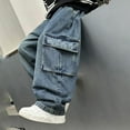thumbnail image 4 of dazeni Boys Baggy Jeans for Kids Teen Y2K Loose Elastic Waist Denim Pants Casual Straight Wide Leg Cargo Jeans Trousers with Pockets Blue, 4 of 6