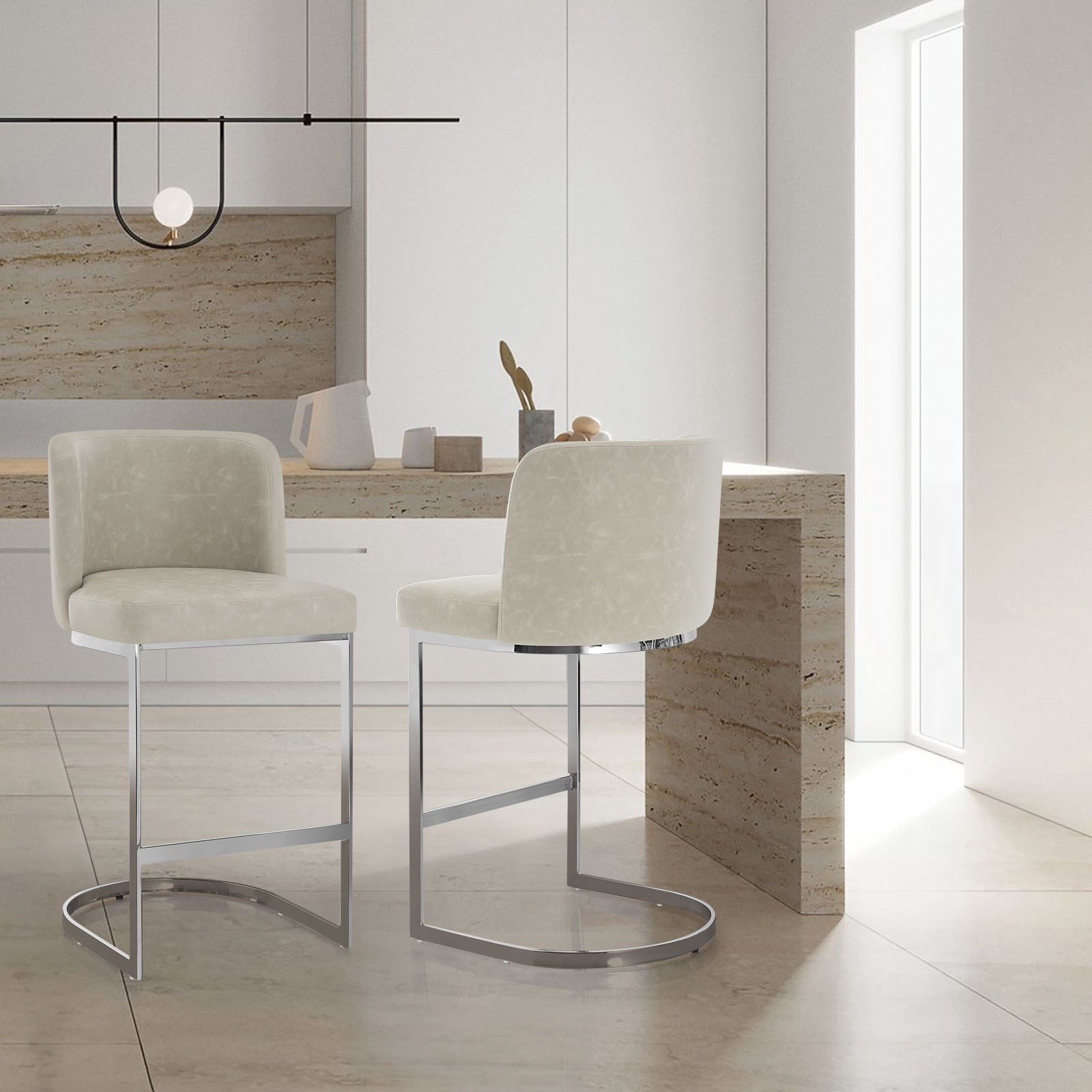 Modern Counter Height Bar Stools Upholstered PU Leather Bar Chairs, Set of 1, 26" with Back and C-Shaped Metal Frame Island Stools for Home Bar Kitchen Pub