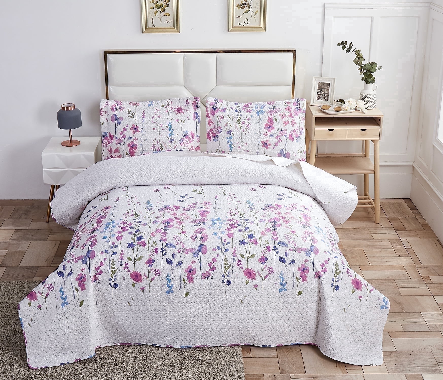 Jessy Home Floral Quilts Queen/Full Purple Lilac Flower Bedding Microfiber Bedspread Set