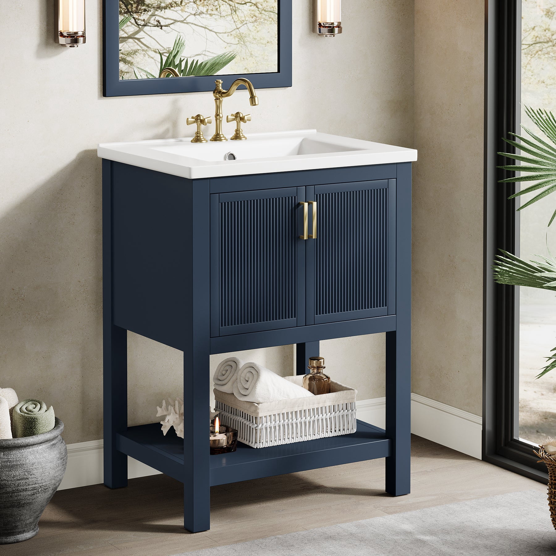 Fnova 24" Bathroom Vanity with Sink, Modern Bathroom Sink Cabinet with Ceramic Basin for Small Space, Freestanding Storage Cabinet with 2 Doors & 1 Open Shelf, Navy Blue