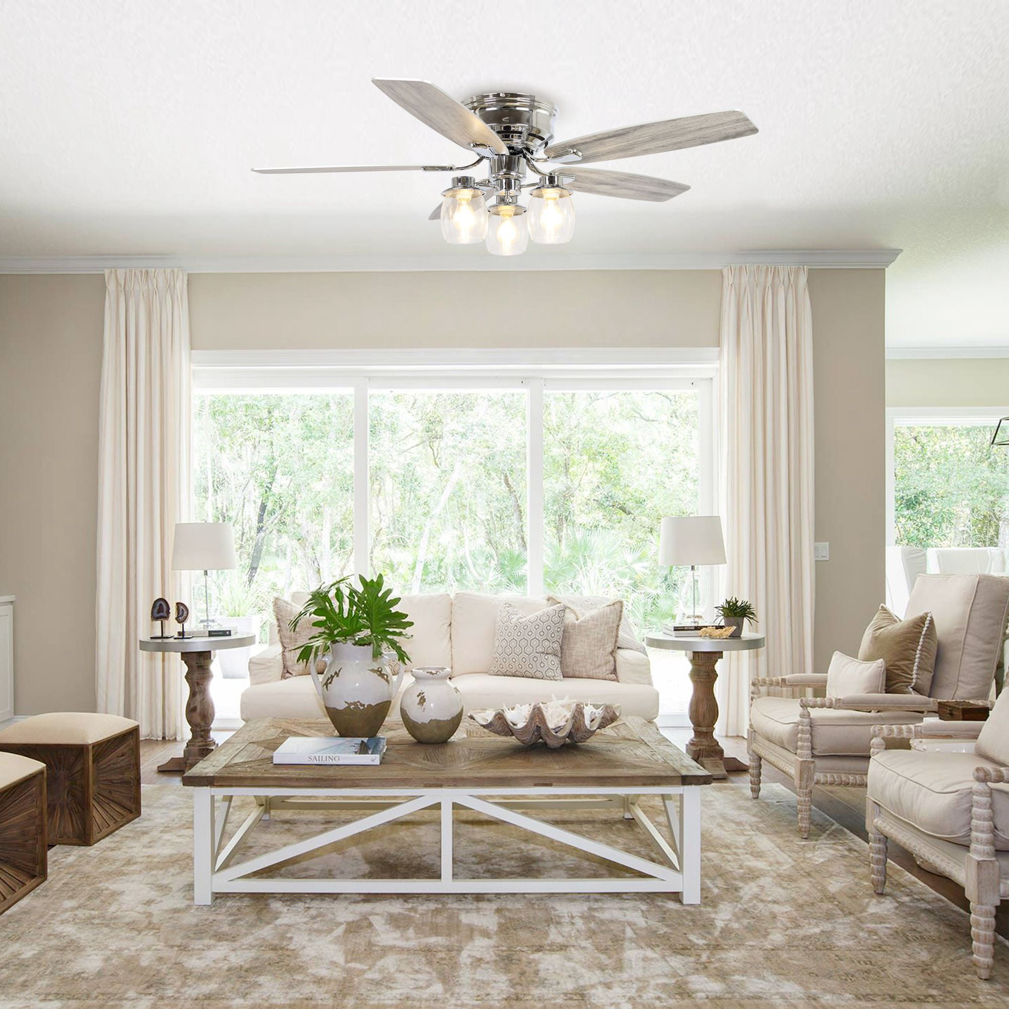 52" Modern Glass Shade Flush Mount Ceiling Fan with Remote and Light, Chrome Low Profile Chandelier Ceiling Fan