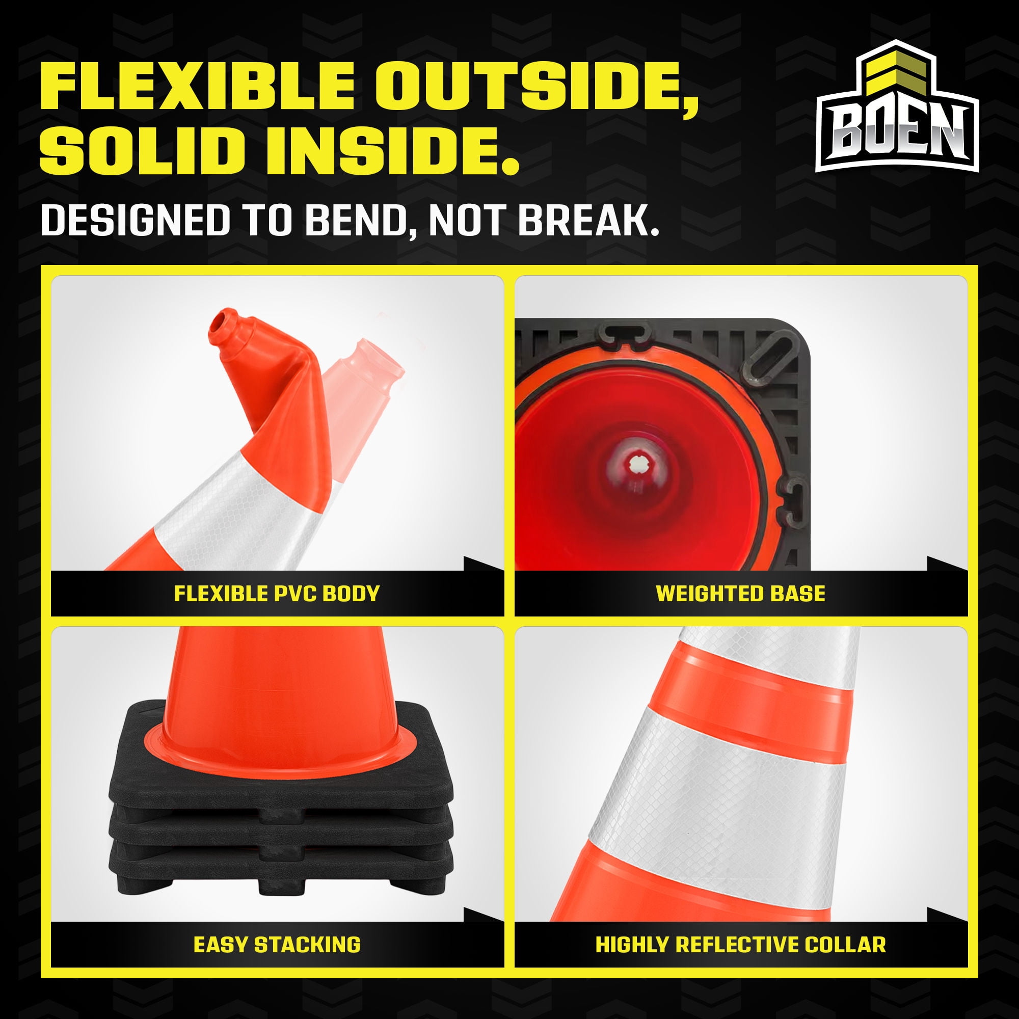 BOEN 28 in Orange Reflective Traffic Cones, 7 lb DOT MUTCD Road Safety, 3 Pack