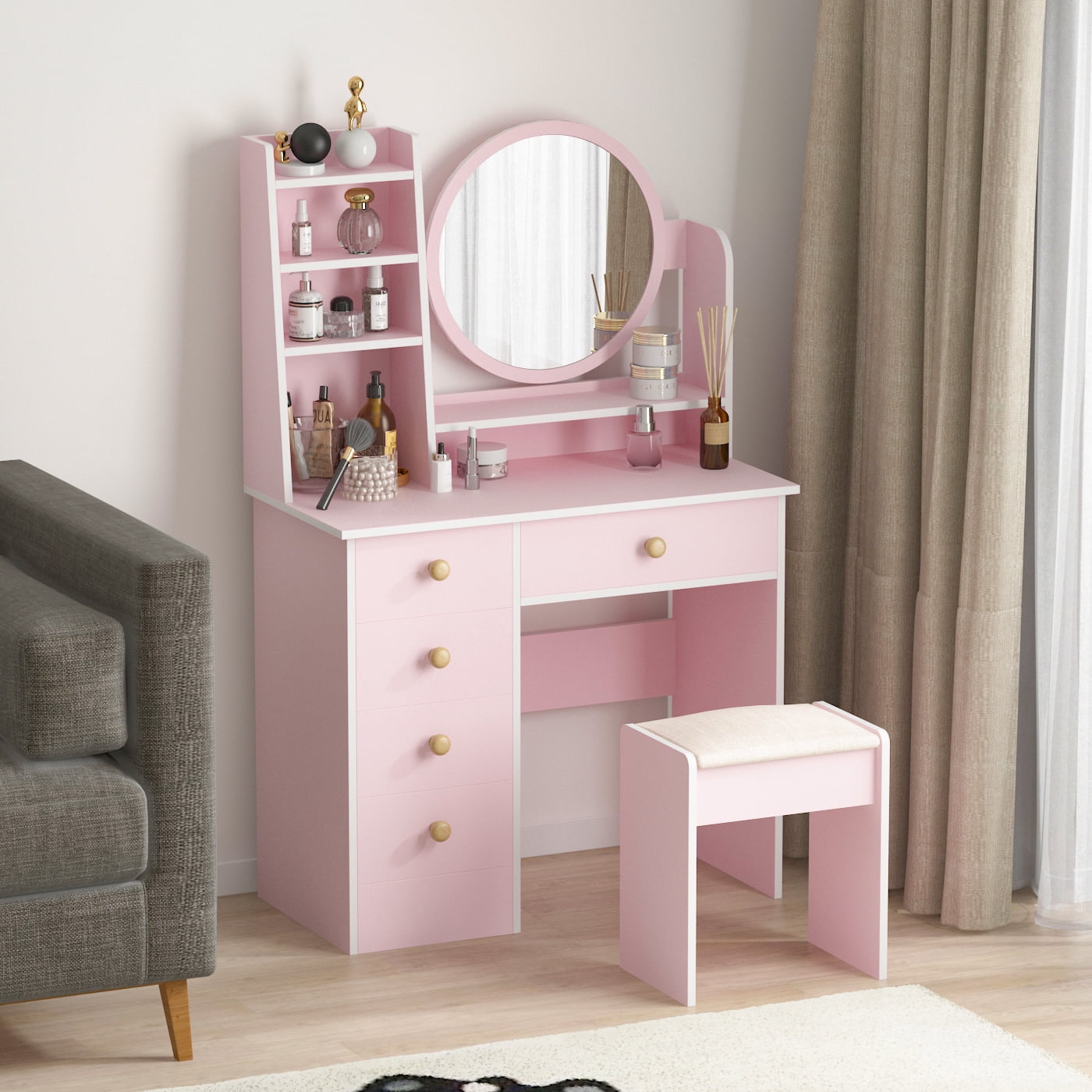 KULAGAGA Vanity Set with Mirror, Cushioned Stool, Storage Shelves, Makeup Organizer, 5 Drawers Makeup Vanity Desk , Dressing Table , Pink