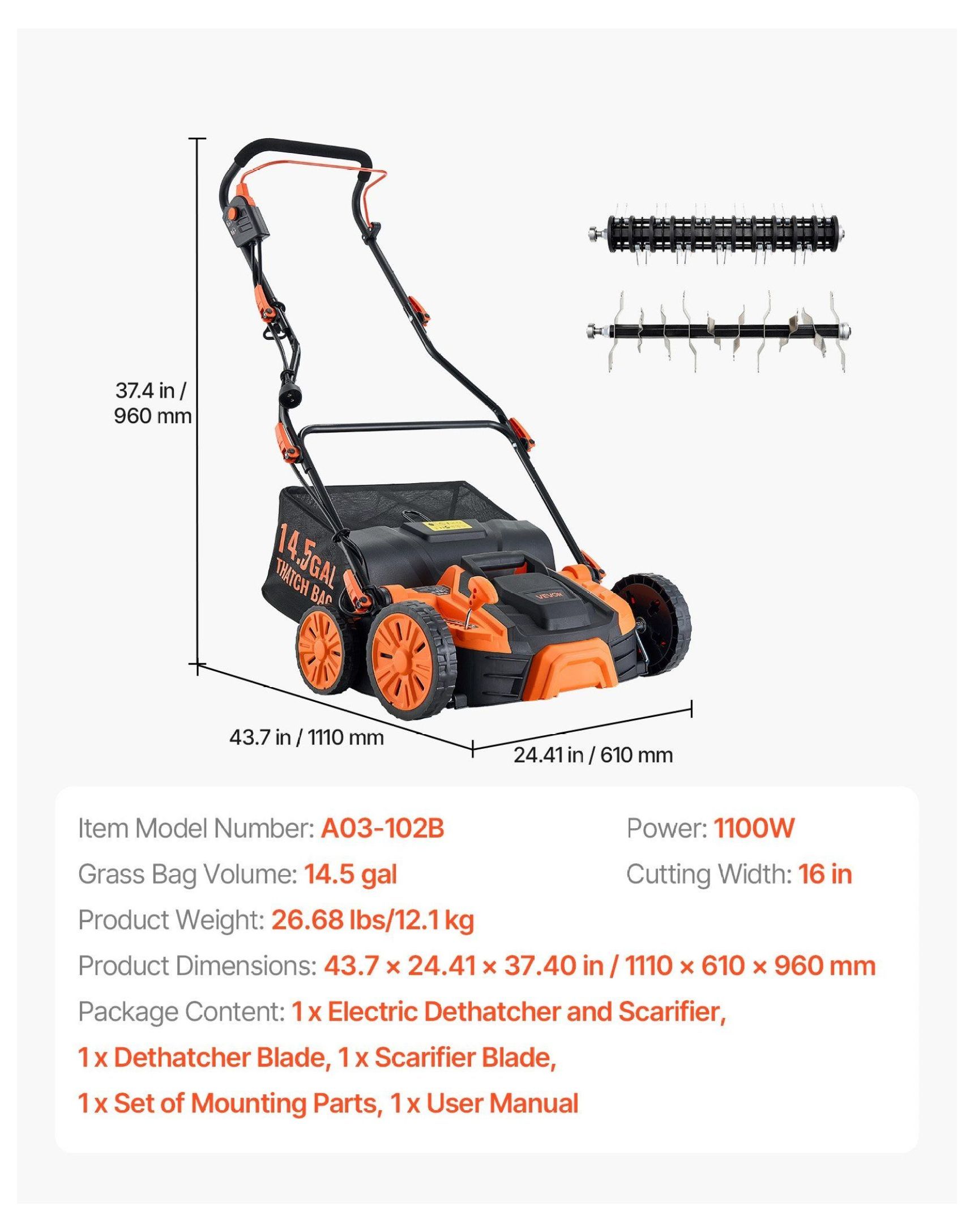 Electric Dethatcher Scarifier, 16-Inch 15 Amp Corded Lawn Tool with Thatch Bag