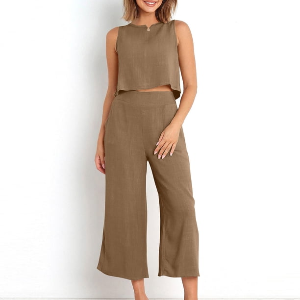 2 Piece Outfits for Women Summer Cotton Linen Casual Matching Set