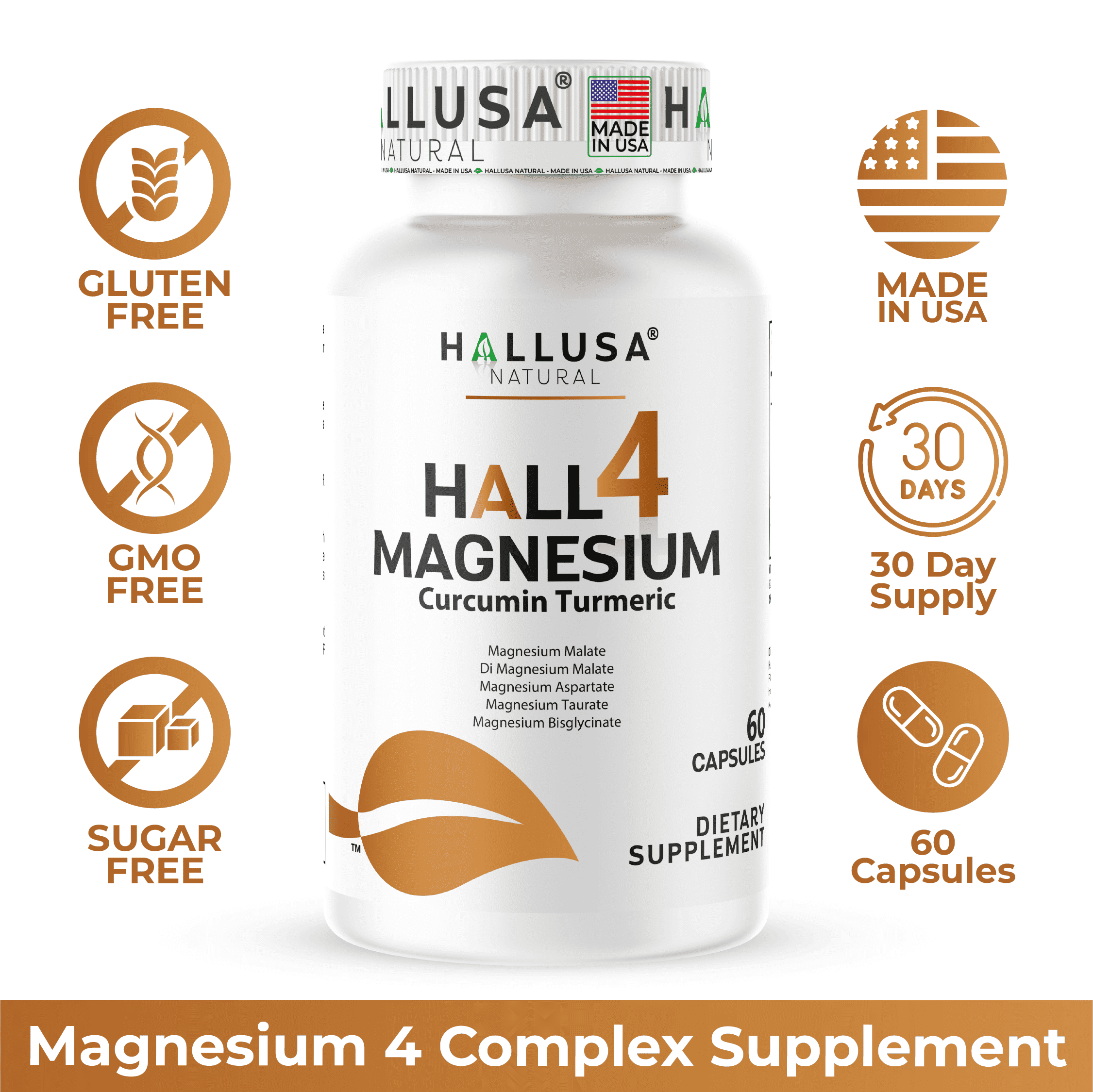 Hallusa Natural 4 Magnesium Complex + Curcumin Turmeric, Malate, Aspartate, Taurate, Bisglycinate - Energy, Muscle Function, Heart Health & Digestion - 60 capsules